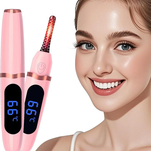 LumaCurl™ heated lash curler – official image with model, digital display, and pink color