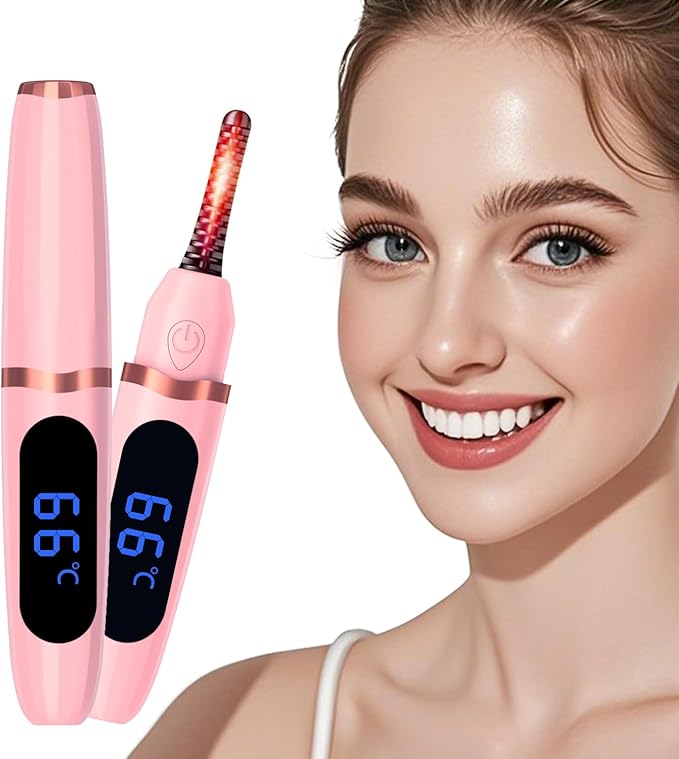 LumaCurl™ heated lash curler – official image with model, digital display, and pink color