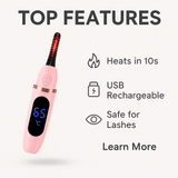 LumaCurl™ key features – heats in 10s, USB rechargeable, safe for lashes – official product highlight image