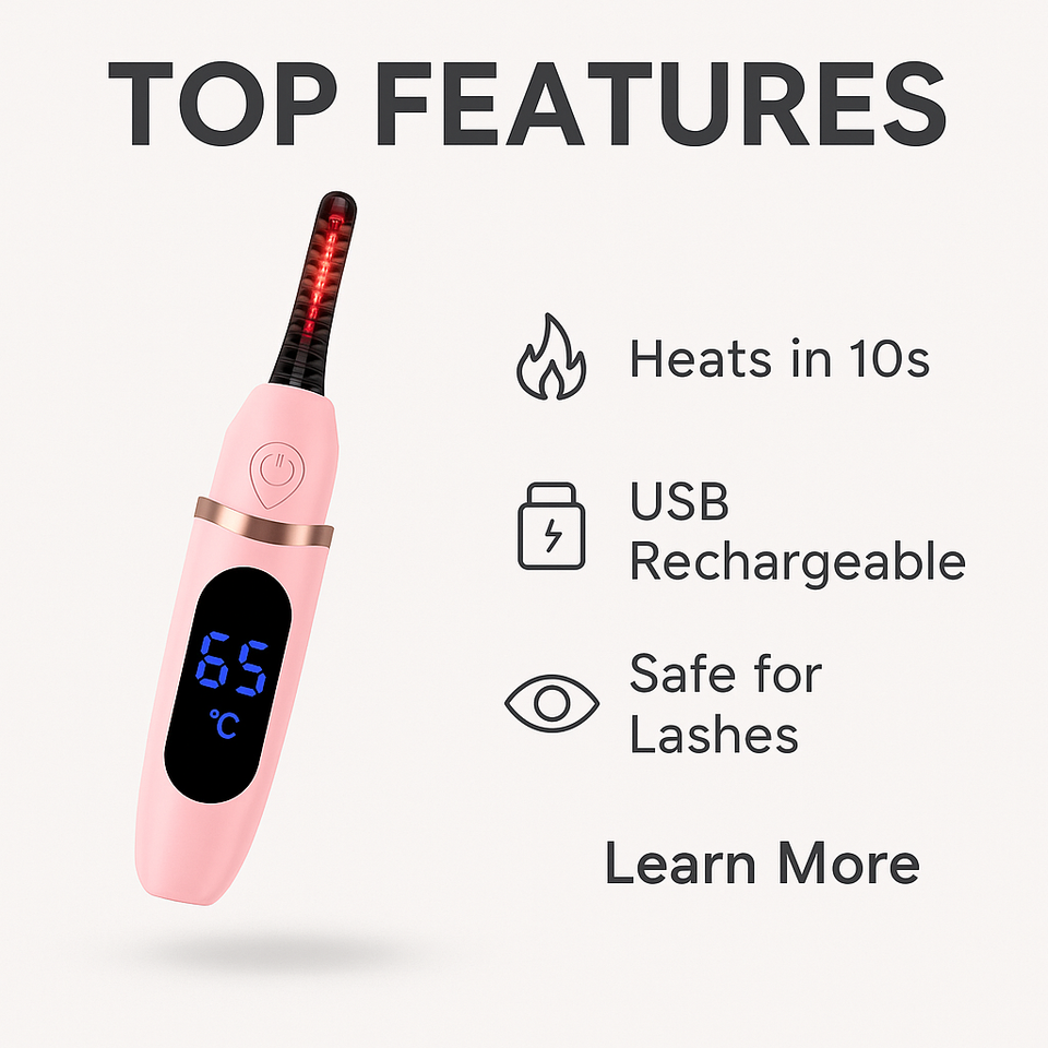 LumaCurl™ key features – heats in 10s, USB rechargeable, safe for lashes – official product highlight image