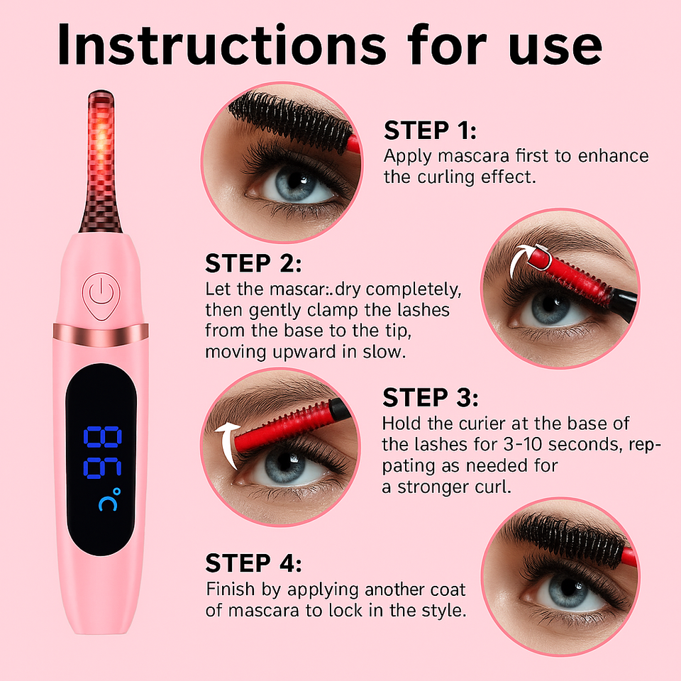 How to use LumaCurl™ – step-by-step guide showing lash curling instructions with images and digital lash curler